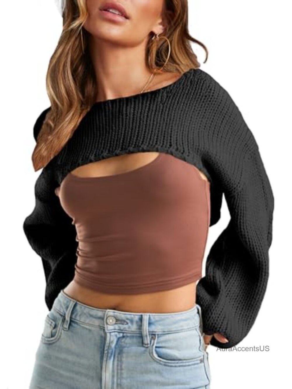Women's Crochet Bolero Shrug Sweater Cropped Knit Long Sleeve Y2K